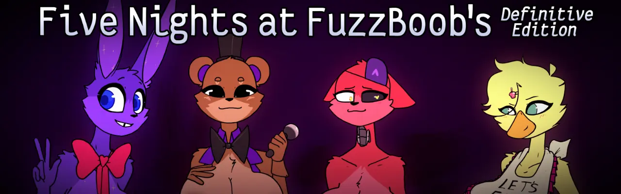 Five Nights at FuzzBoob's featuring Bonnie, Freddy, Foxy, and Chica standing beside each other.